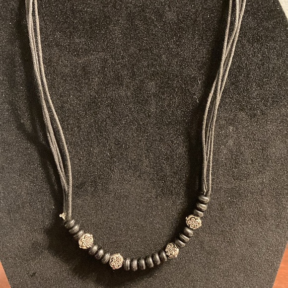 Multi Strand Black Cord Necklace with Silver Floral Beads Boho Chic Edgy - Picture 4 of 4